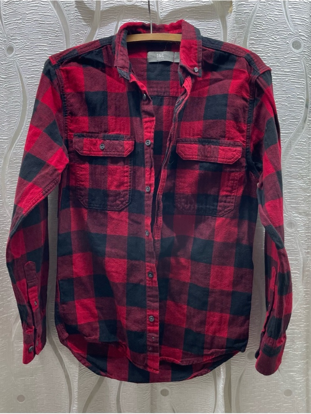 TNL Mode Flannel Shirt Mens XS Red Black Buffalo Plaid Cotton Excellent DSI-2610